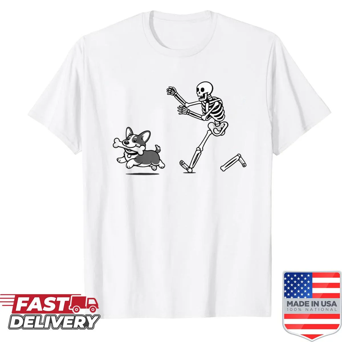 Halloween-themed T-shirt with a skeleton chasing a Corgi