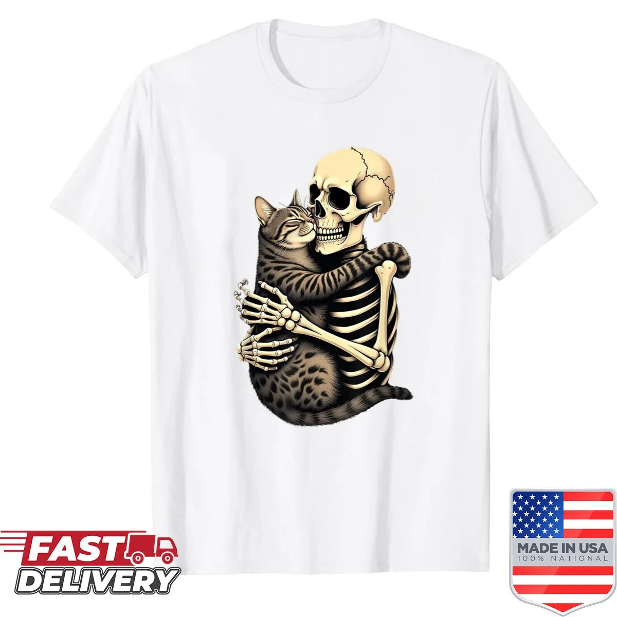 Cartoon skeleton hugging a cat for Halloween-themed shirt.
