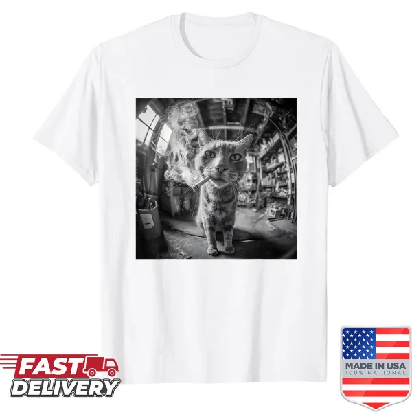 Funny cartoon kitten holding a cigarette on a meme-inspired shirt