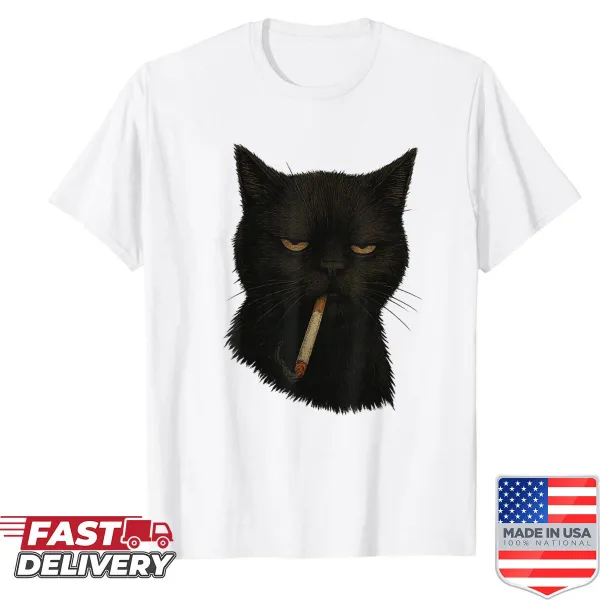 Funny cat meme shirt featuring smoking cartoon cat