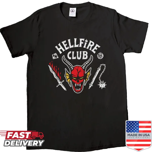 Illustrated Hellfire Club shirt with skull and weapons design