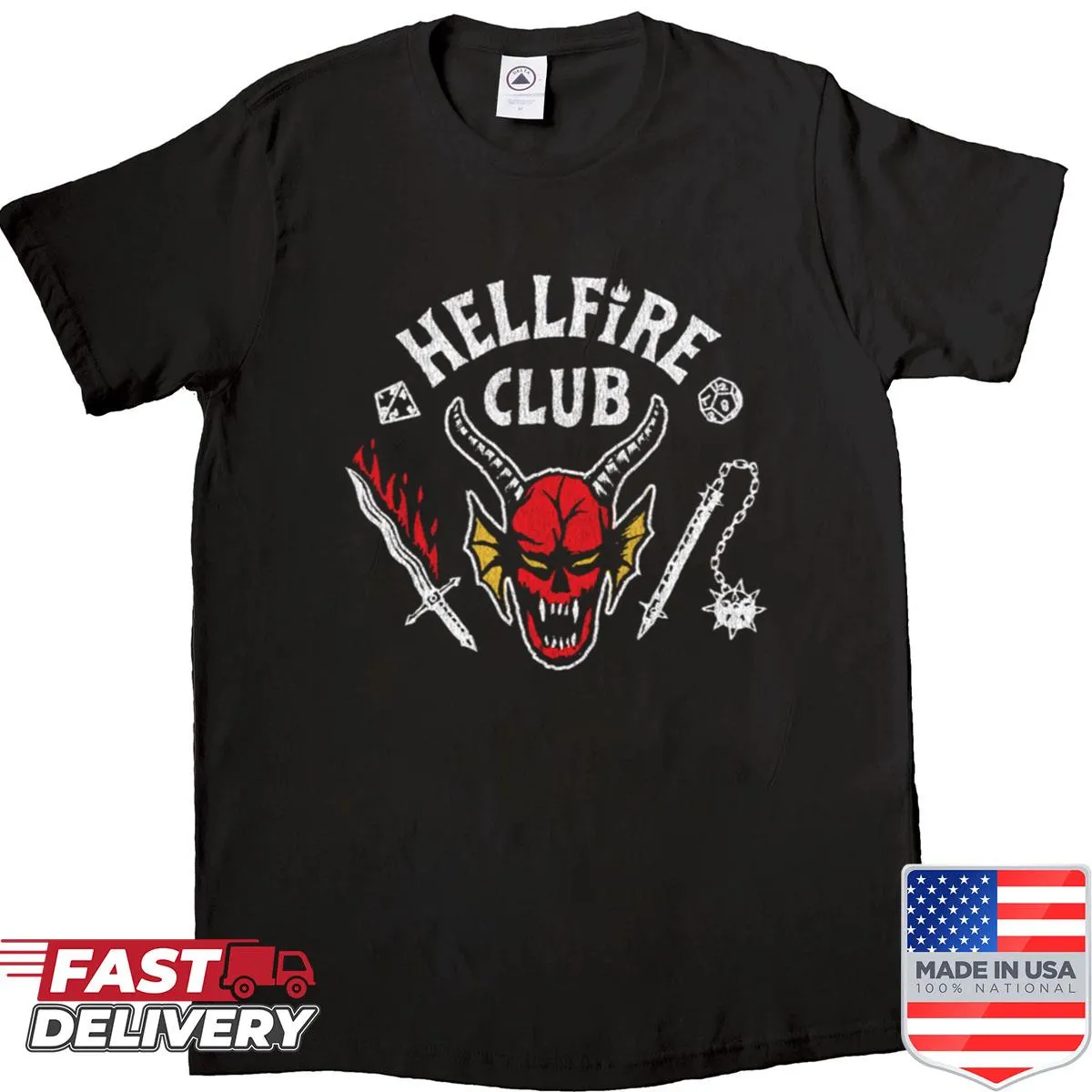 Illustrated Hellfire Club shirt with skull and weapons design