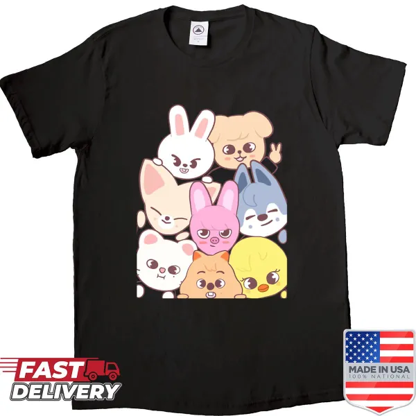 Shirt featuring cartoon characters from Stray Kids Skzoo project.