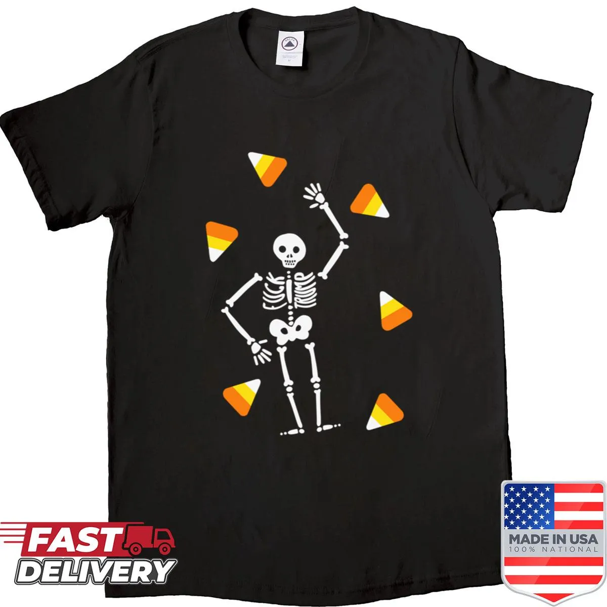 Cute Halloween-themed shirt featuring a skeleton holding candy