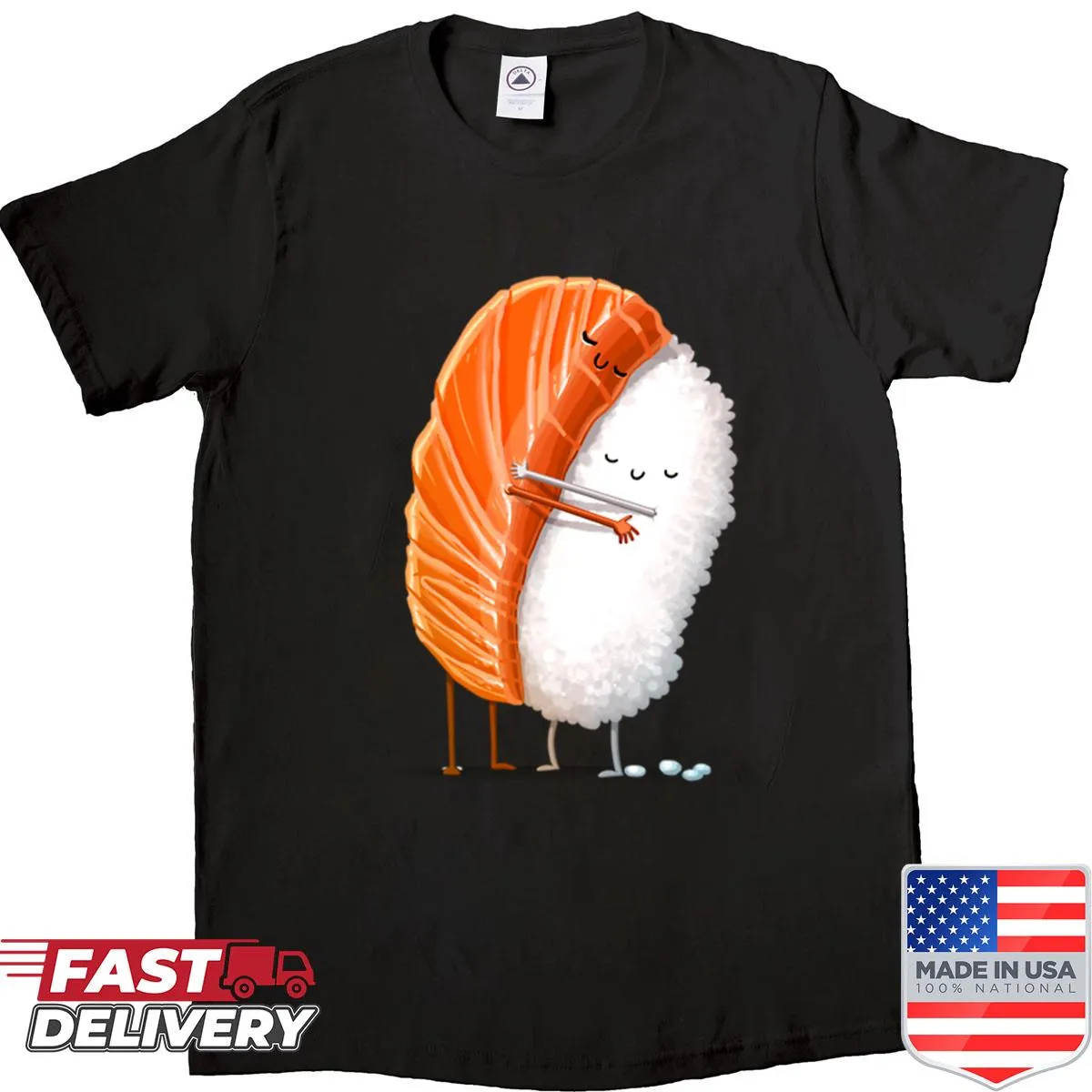 Adorable sushi characters hugging on a shirt
