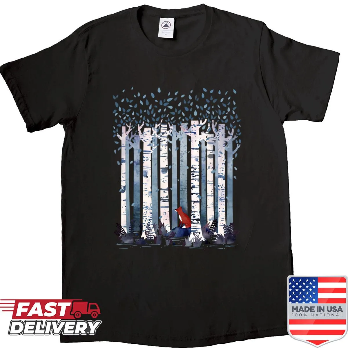 Stylized illustration of birch trees on a nature-themed shirt