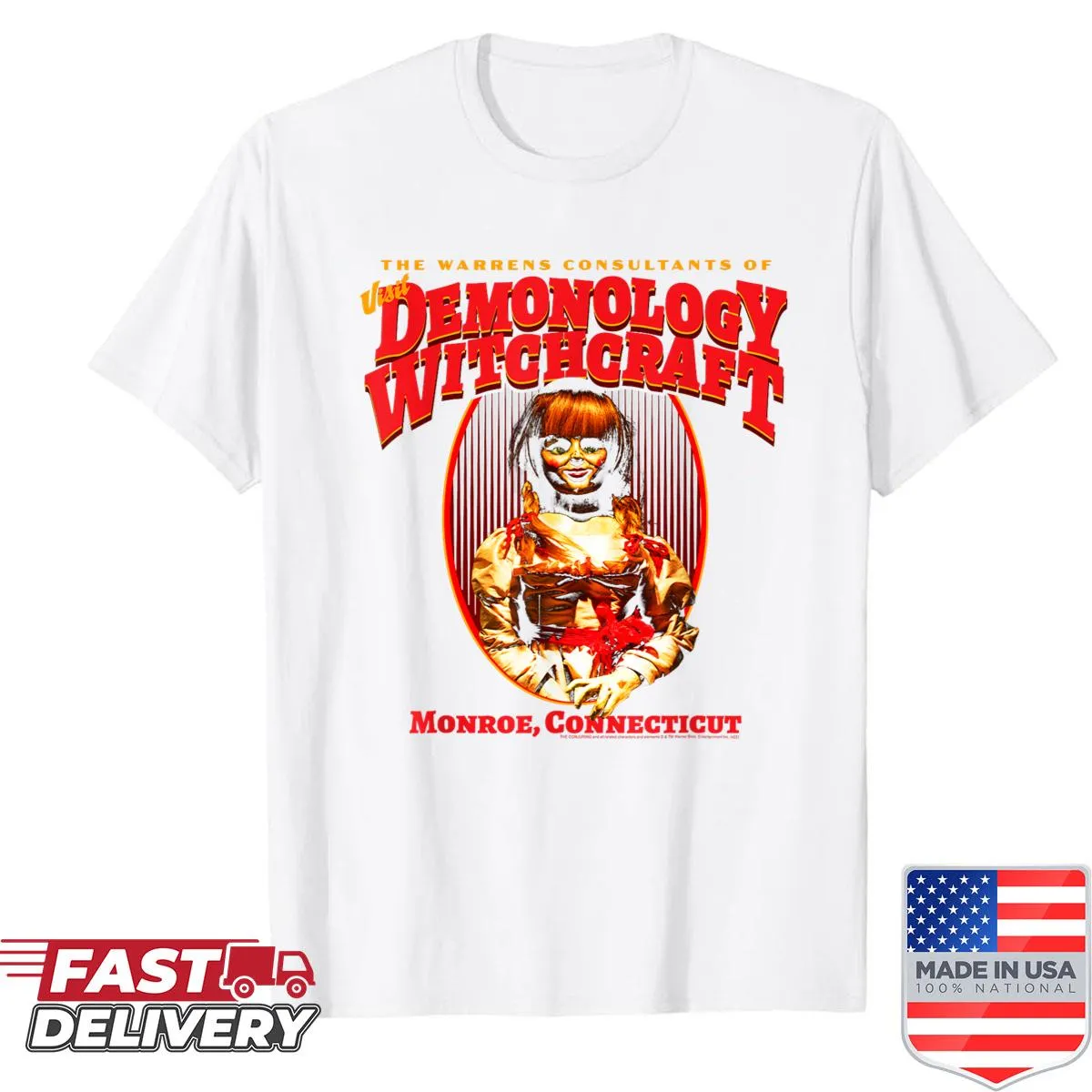Horror-themed shirt featuring illustrations from The Conjuring