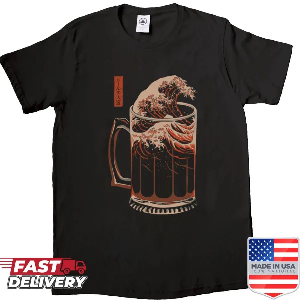 Dynamic wave graphic with beer theme on a shirt