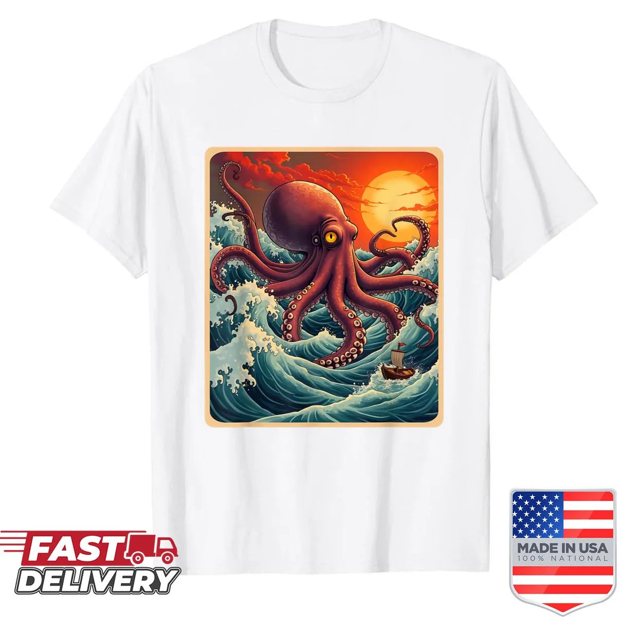 Retro shirt featuring The Great Wave Off Kanagawa and octopus artwork