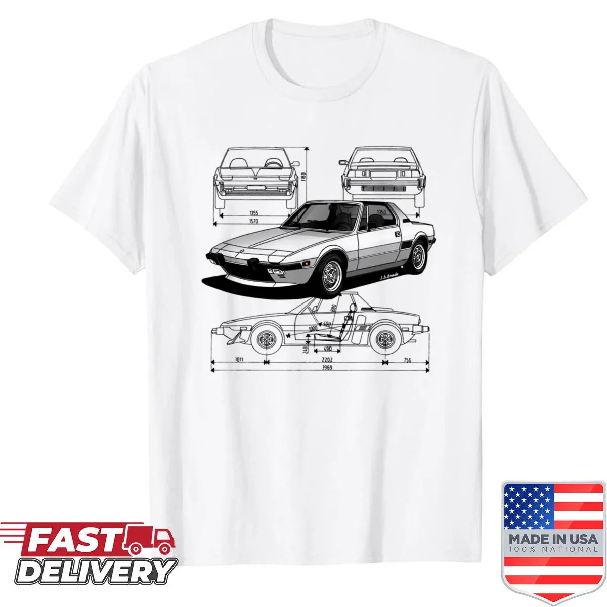 T-shirt with bold typography celebrating iconic Italian sports cars
