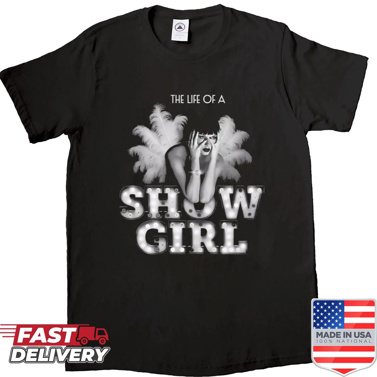 T-shirt featuring whimsical illustrations of a showgirl's life