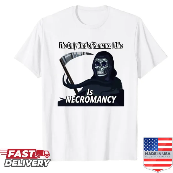 Text graphic shirt featuring necromancy-themed humor