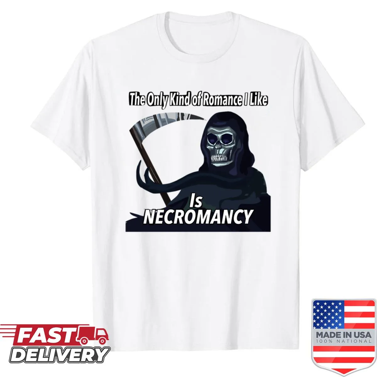 Text graphic shirt featuring necromancy-themed humor
