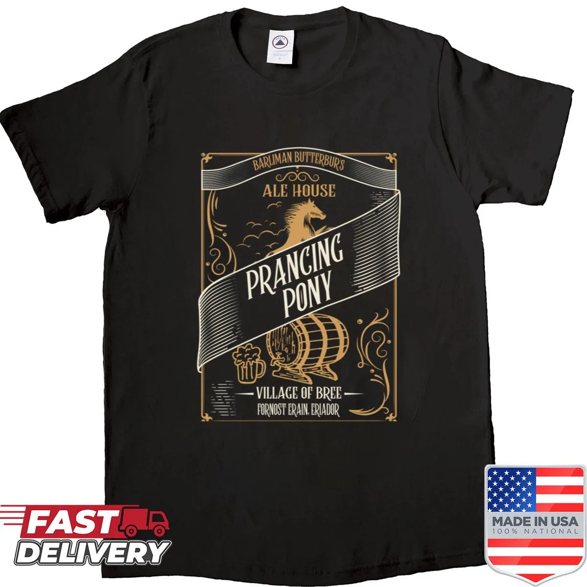 Illustration of a prancing pony on a whimsical fantasy-themed shirt
