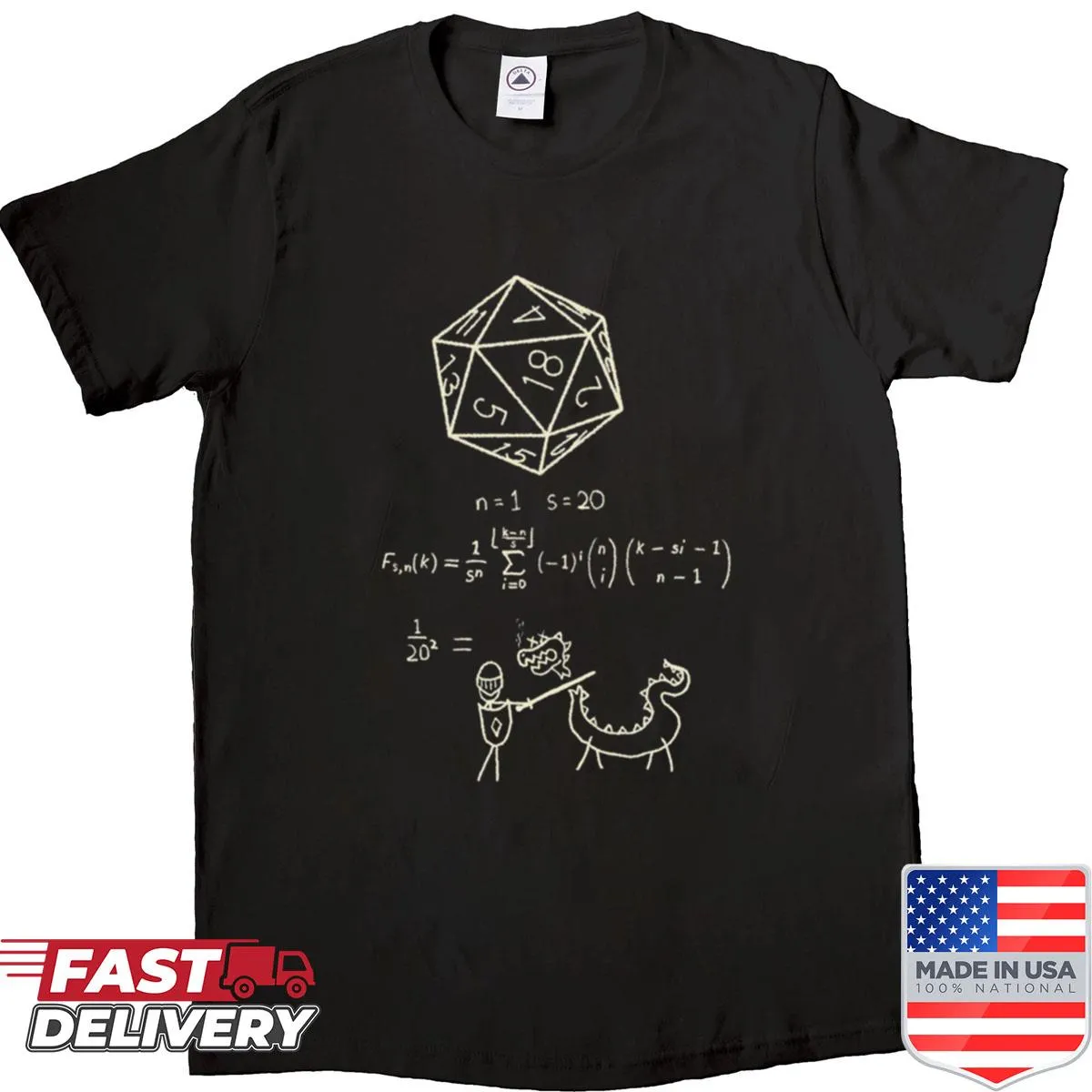 Shirt featuring playful typography about 20 sided dice science