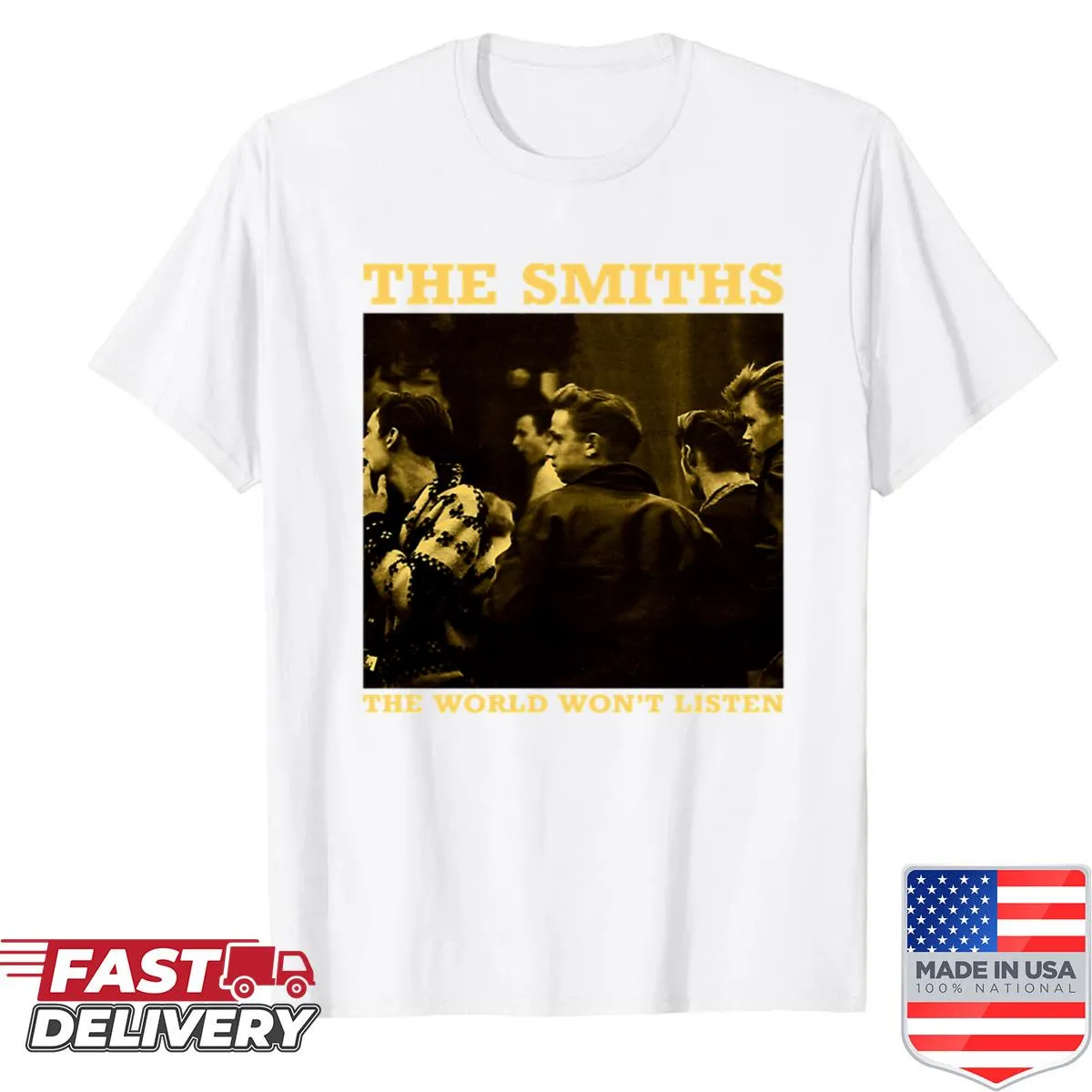 Vintage style shirt with The Smiths lyric 'The World Wont Listen'