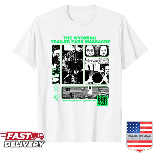 Graphic shirt depicting elements from the Wyoming Trailer Park Massacre story