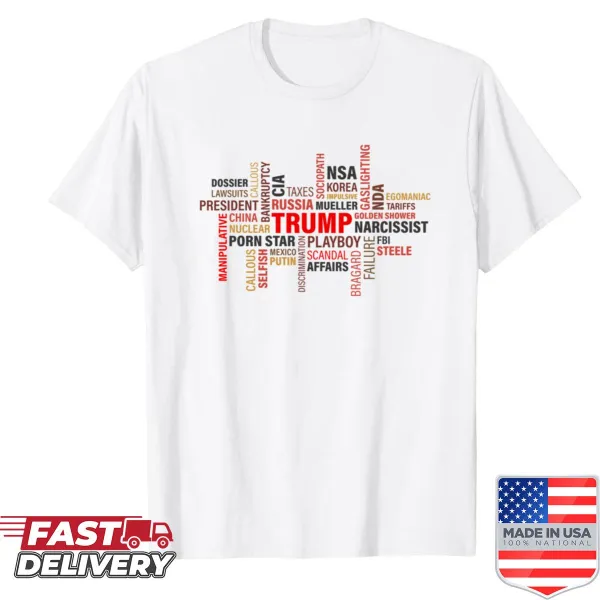 Shirt featuring phrases and ideas about Donald Trump.