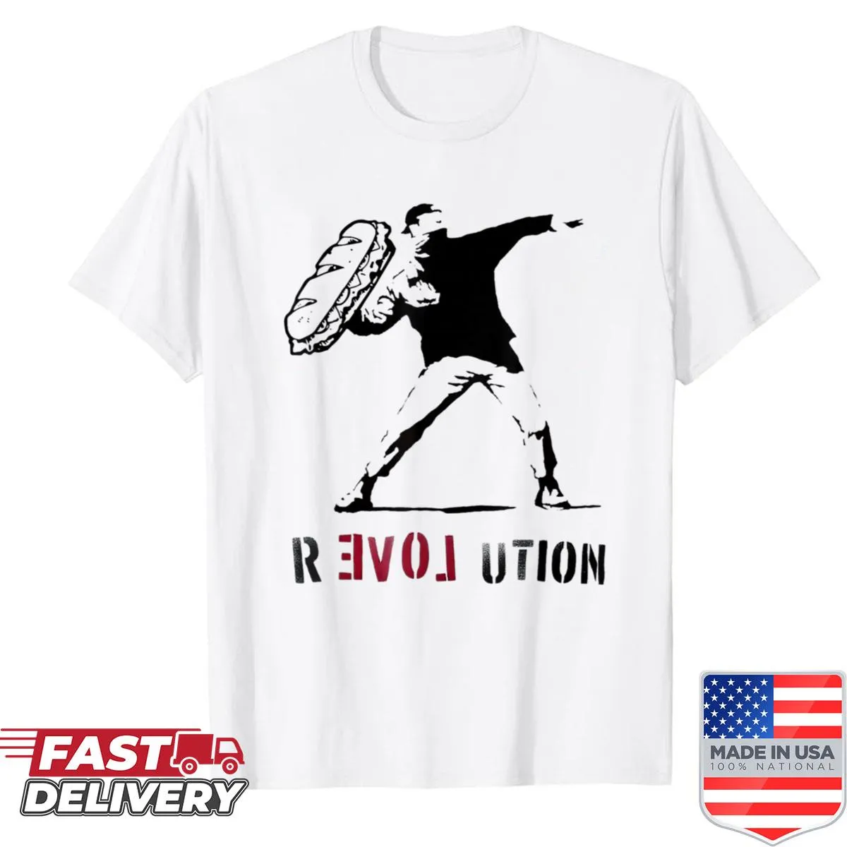 Cartoon graphic of a sandwich on a funny meme shirt