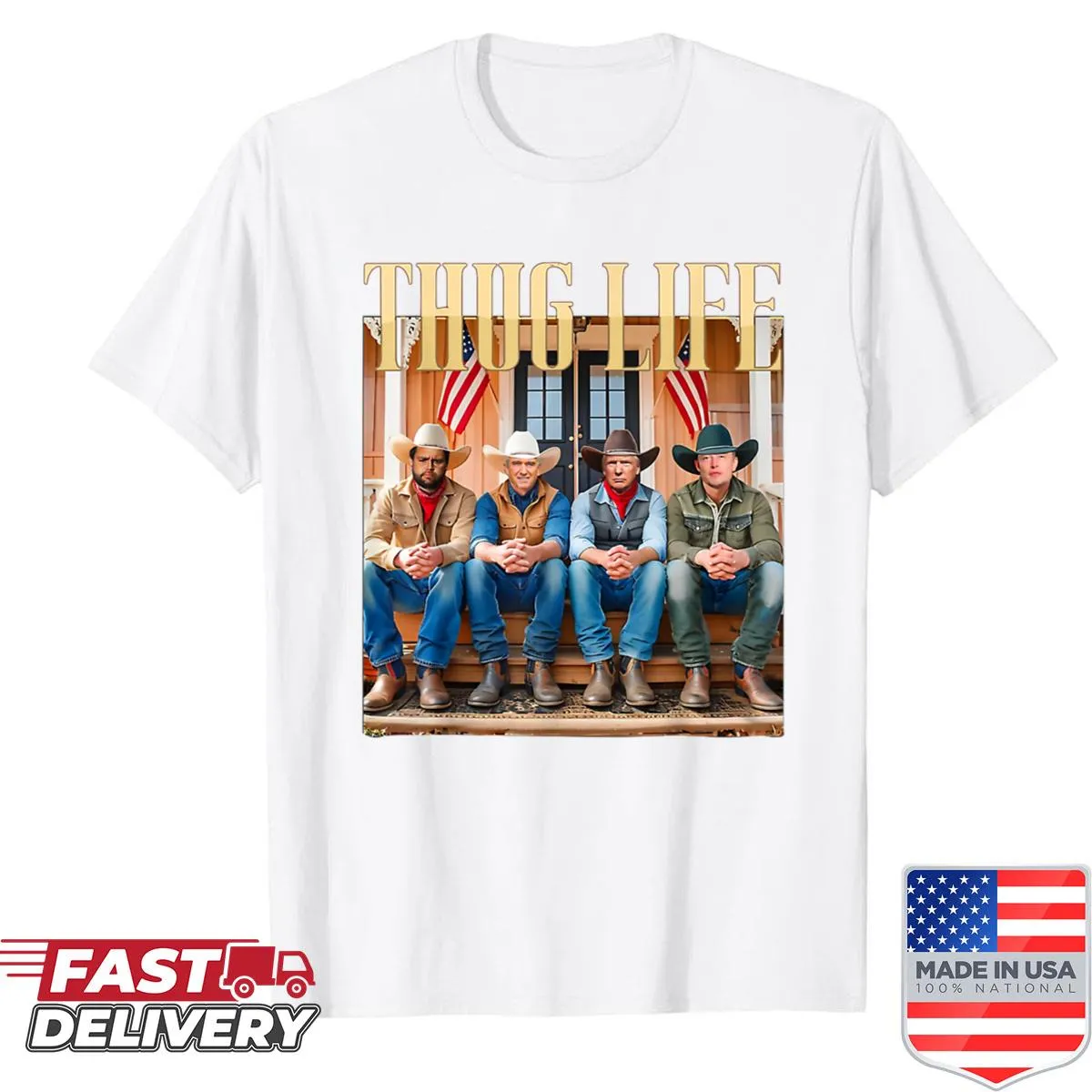 Humorous T-shirt featuring caricatures of Trump, Vance, Kennedy, and Elon