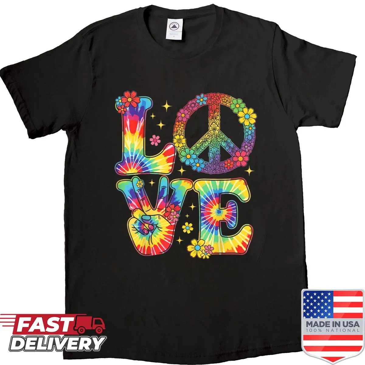 Retro hippie shirt featuring a peace sign graphic