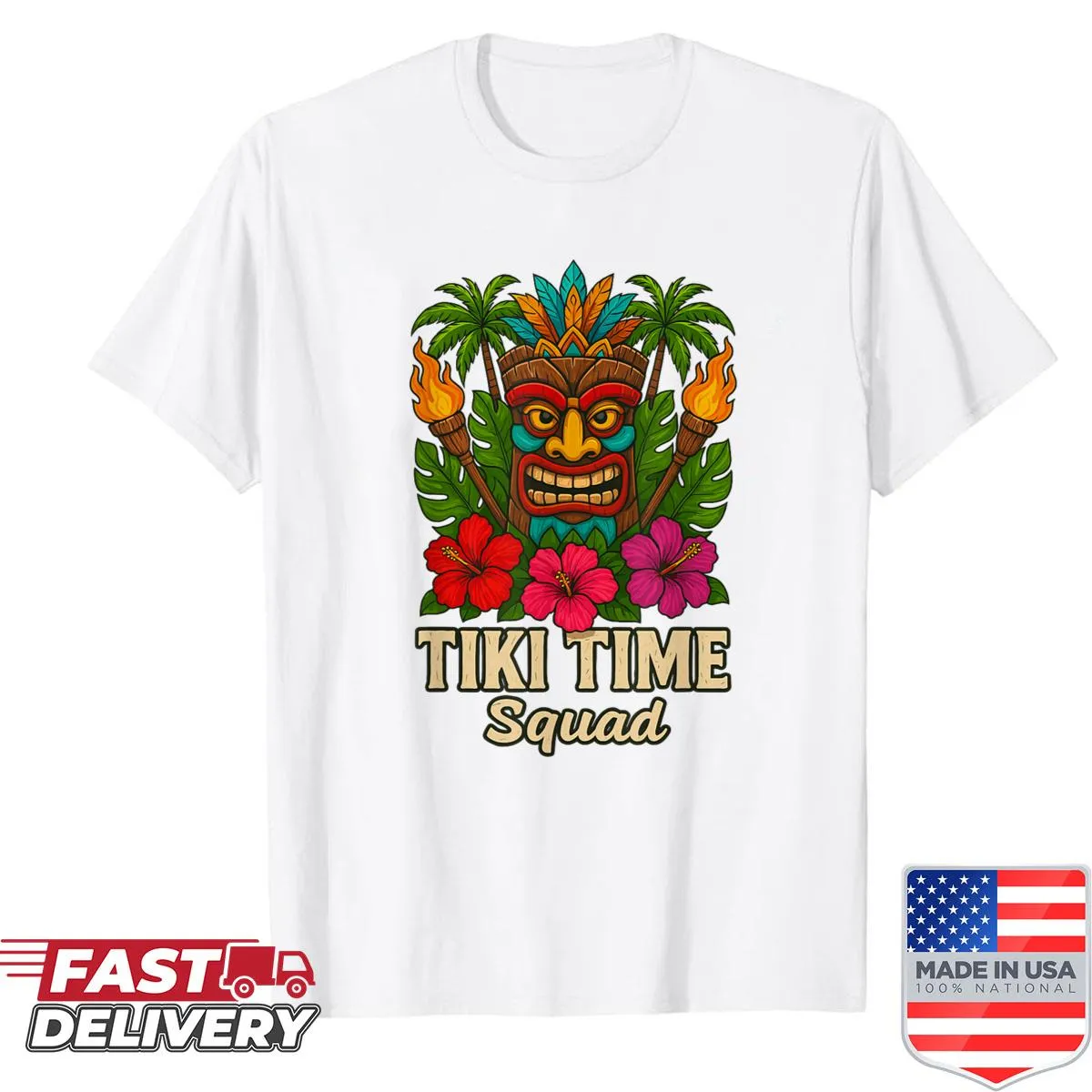 Tropical shirt with 'Tiki Time Squad' text