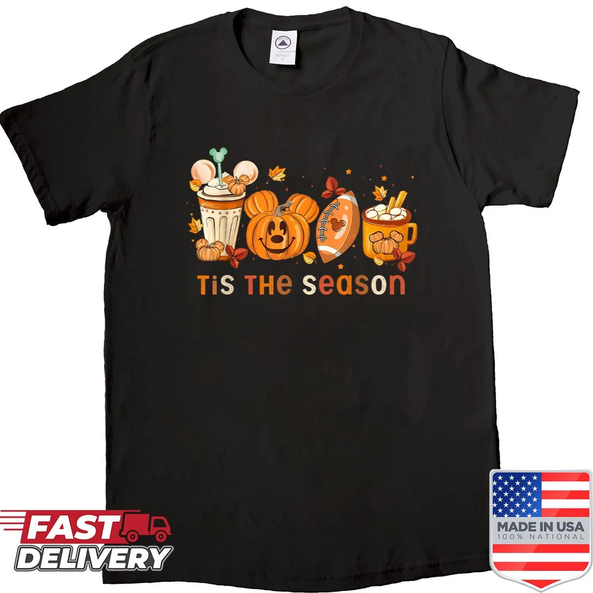 Autumn-themed shirt with pumpkin and fall drink illustrations