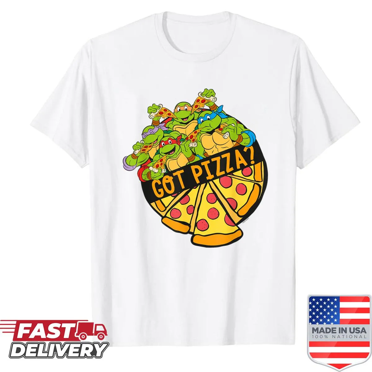 Retro TMNT cartoon shirt featuring turtles and pizza