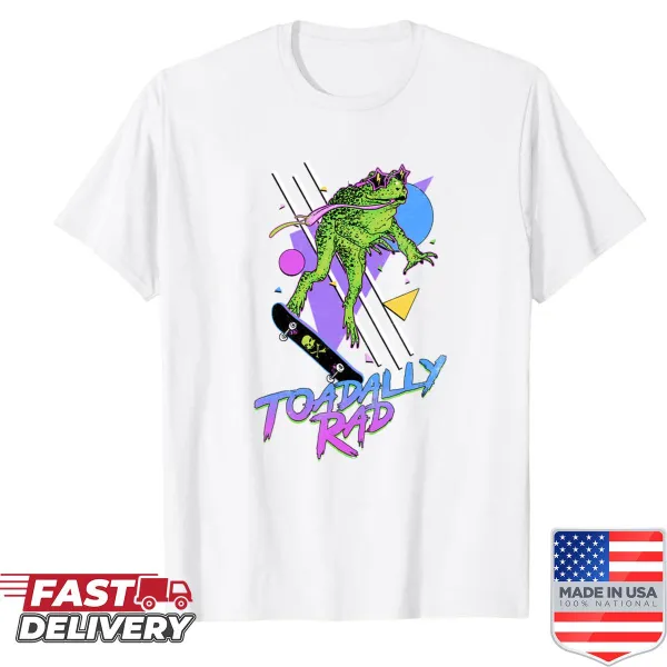 Playful cartoon design on Toadally Rad shirt with a pun