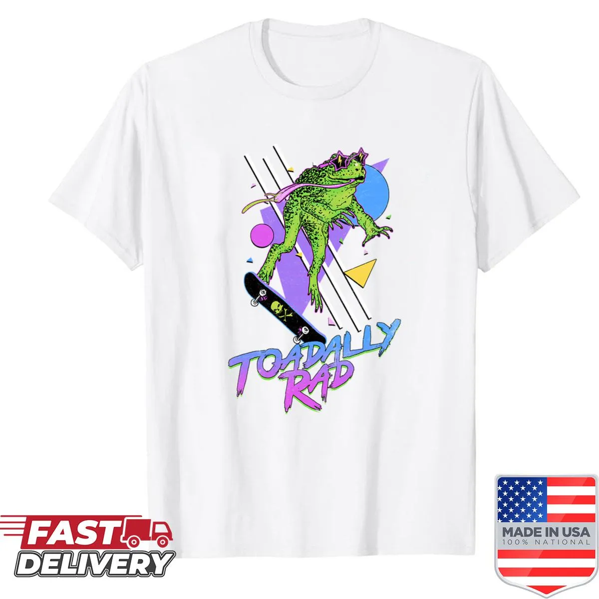 Playful cartoon design on Toadally Rad shirt with a pun
