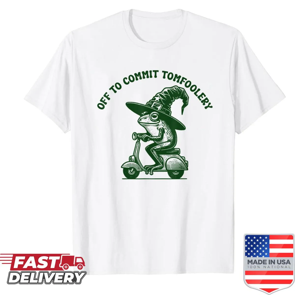 Cartoon shirt featuring frog in a witch hat riding a scooter