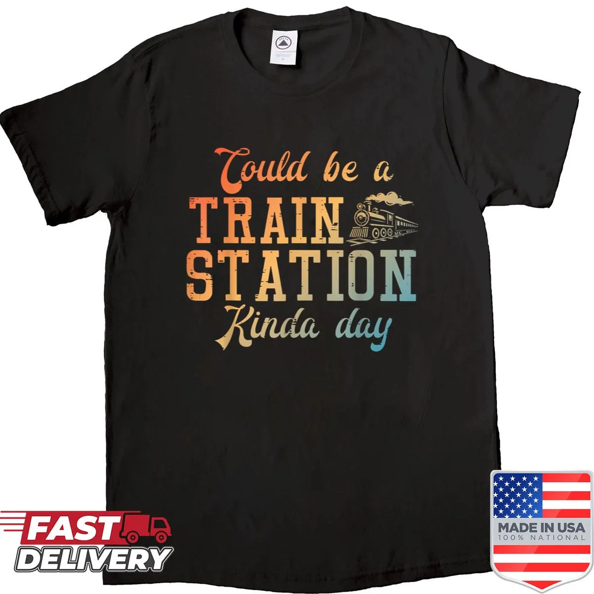 Train Station Kinda Day shirt with whimsical locomotive graphic