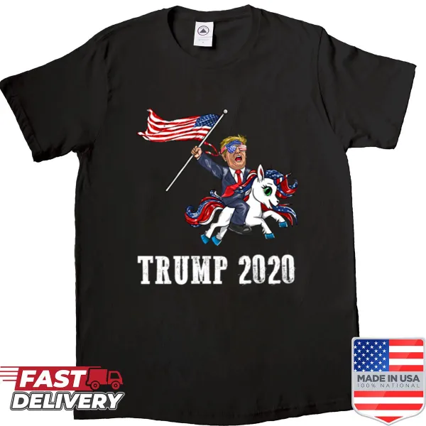 Cartoon graphic of Trump riding an American flag unicorn