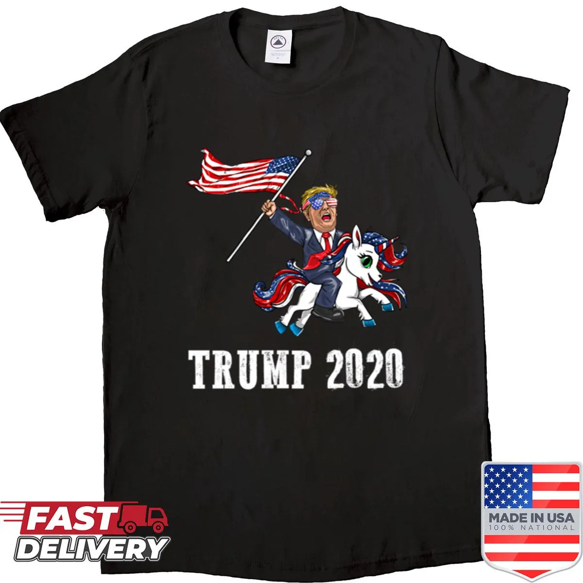Cartoon graphic of Trump riding an American flag unicorn