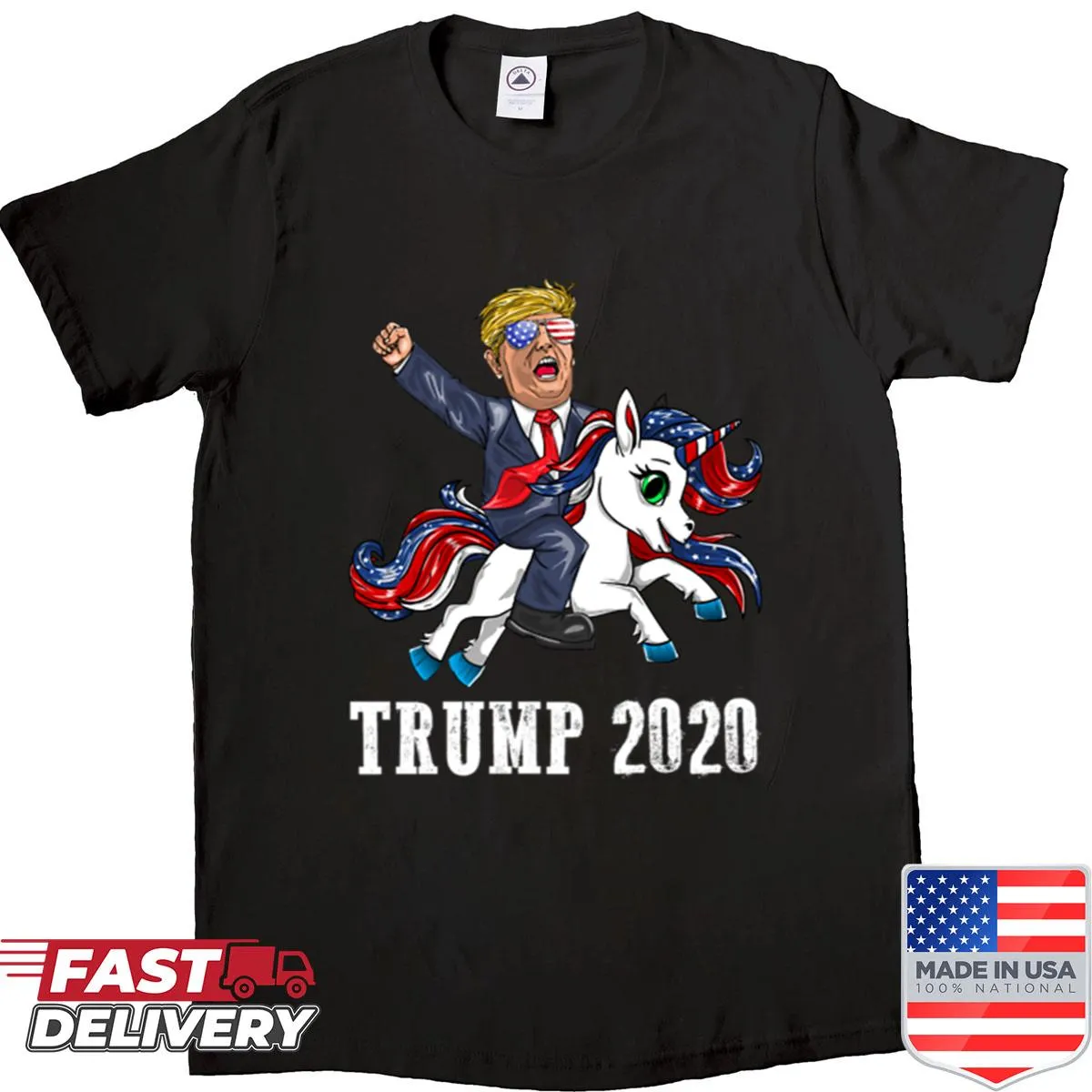 Cartoon Trump riding a unicorn with American flags on a t-shirt