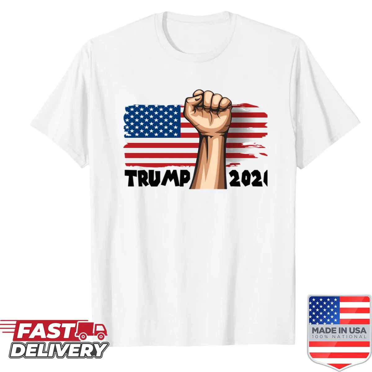 Distressed flag shirt with Trump 2020 text and fist emblem