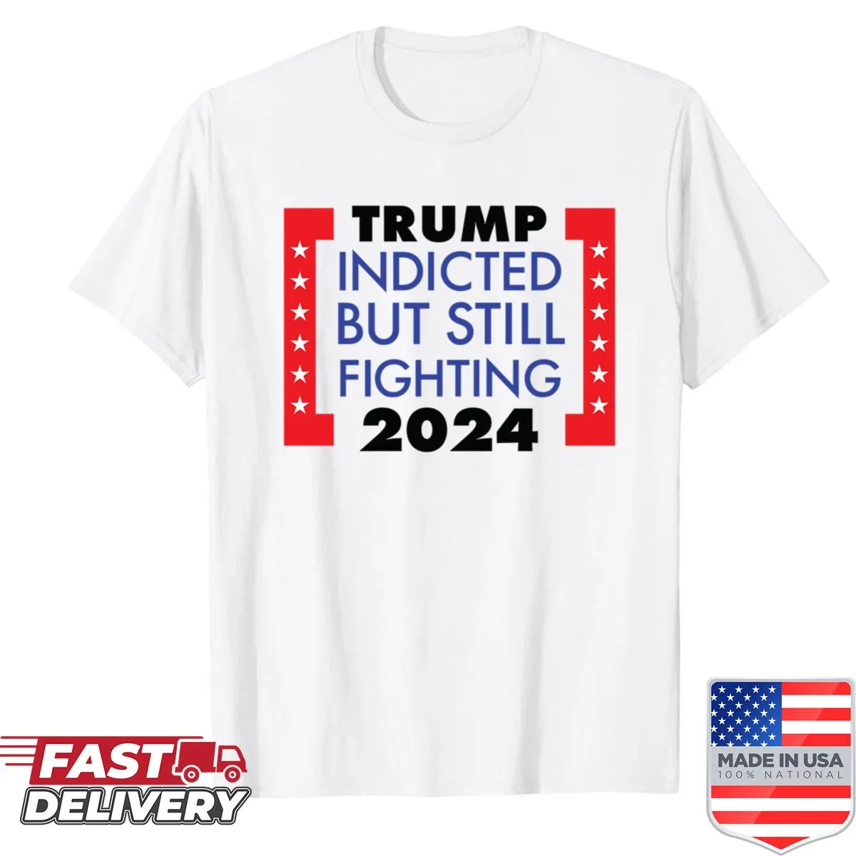 Oversized shirt featuring 'Trump 2024 Innocent Still Fighting' text