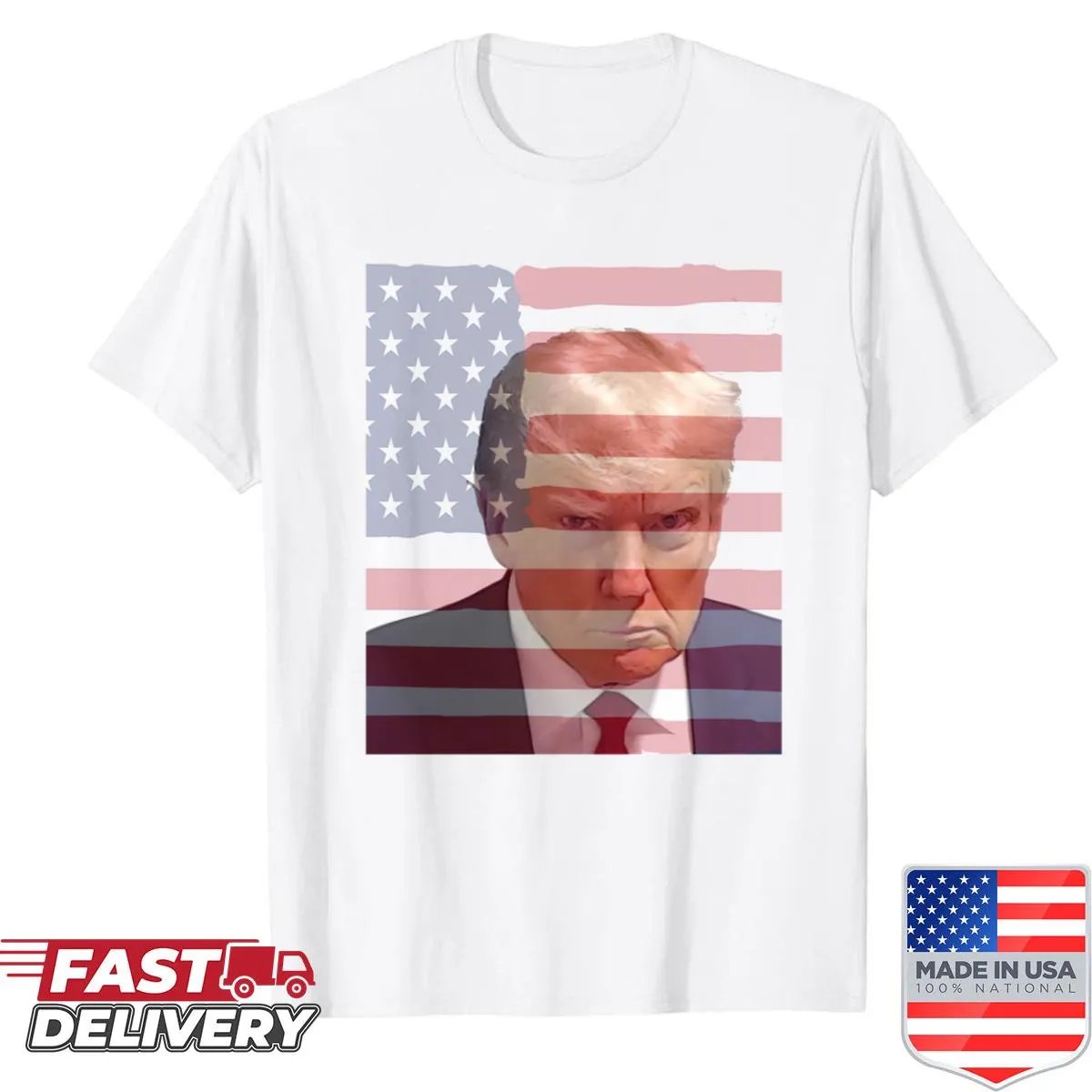 Shirt featuring Trump's mugshot overlaid on an American flag