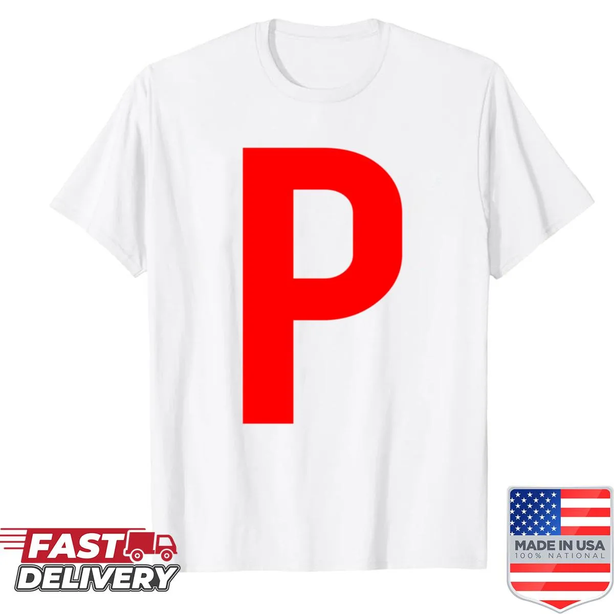 Trump 2024 rally shirt with large letter P in design