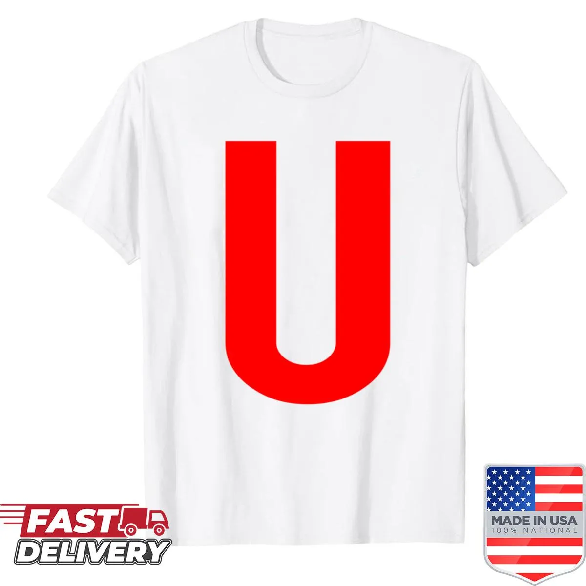 T-shirt with large letter U spelling T R U M P for political rally