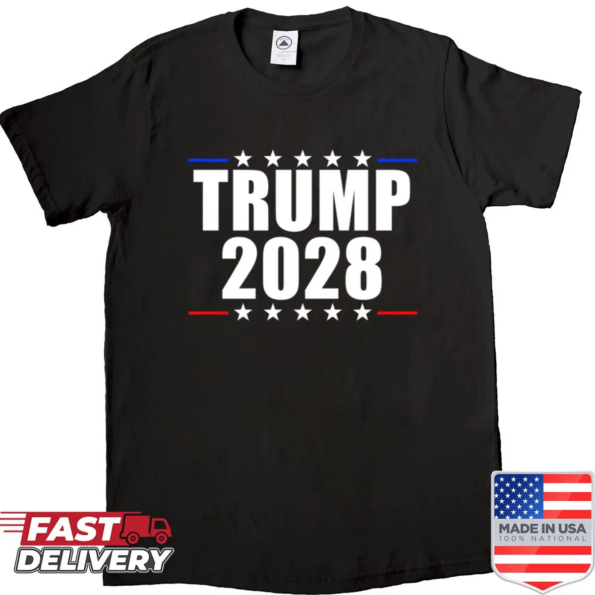 Trump 2028 shirt featuring bold typography announcing presidential ambition
