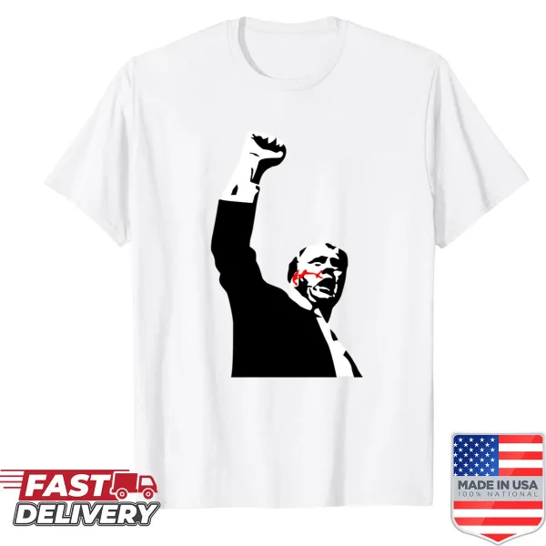 White shirt featuring a graphic related to Trump assassination attempt
