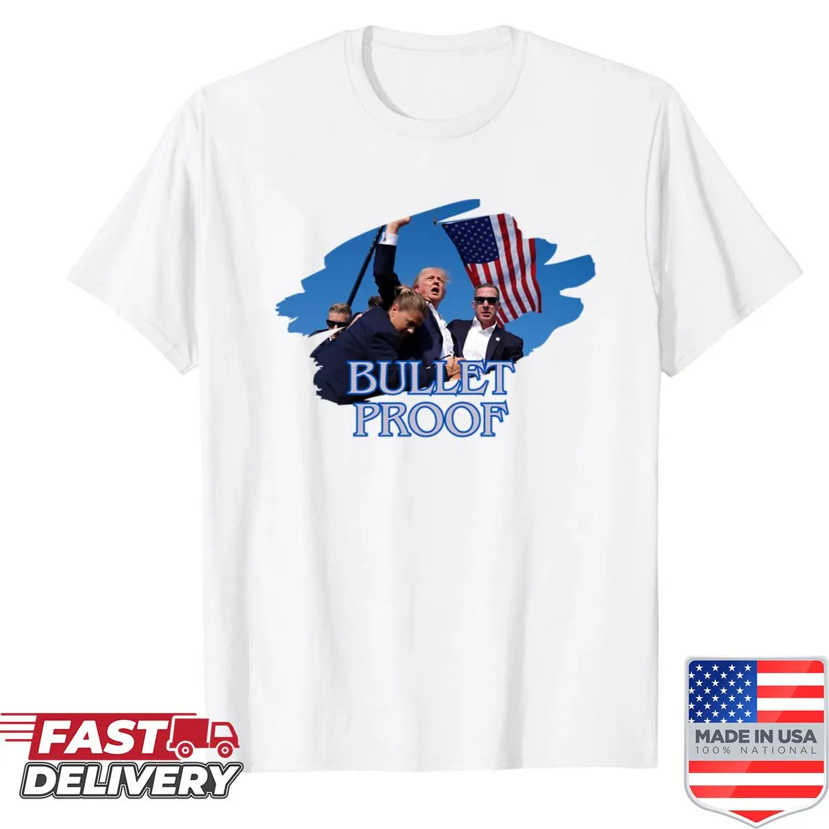 Graphic tee with 'Bulletproof American Spirit Unshaken' text