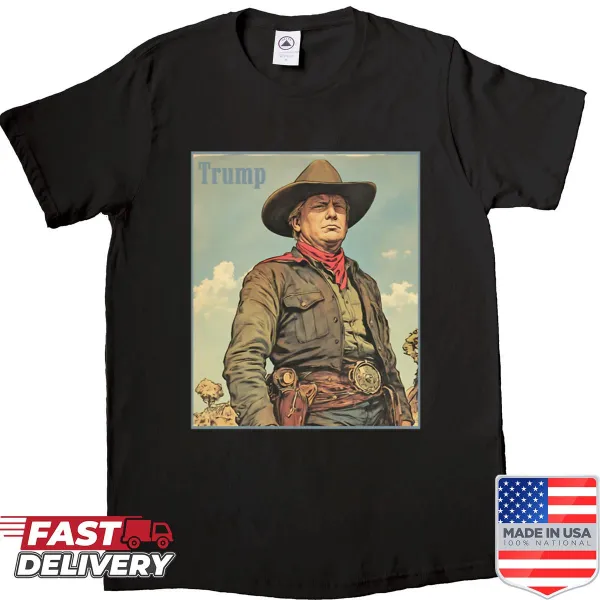 Comic book-style cowboy illustration with Trump elements