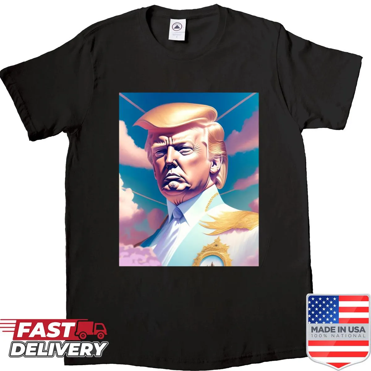Graphic T-shirt featuring text 'Trump is Back'