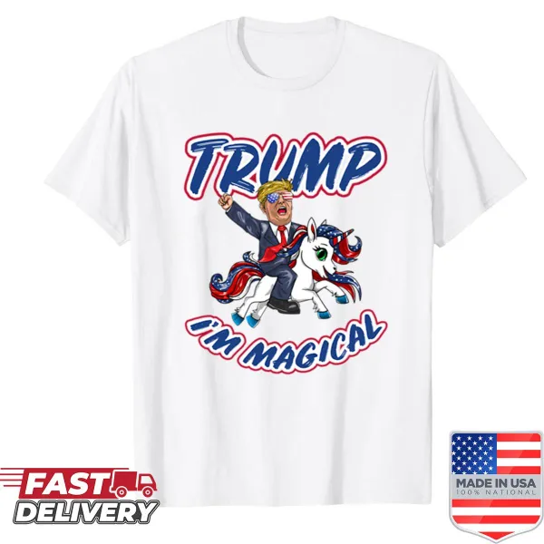 Unicorn design with American flag colors on fitted Trump shirt.