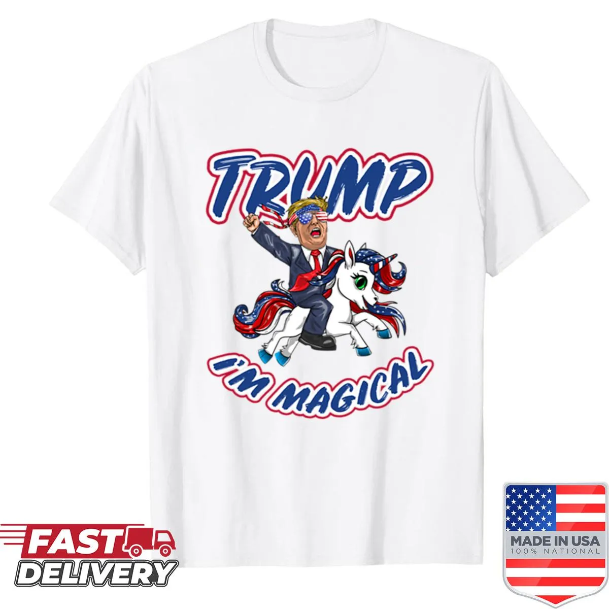 Playful unicorn graphic featuring American flag colors
