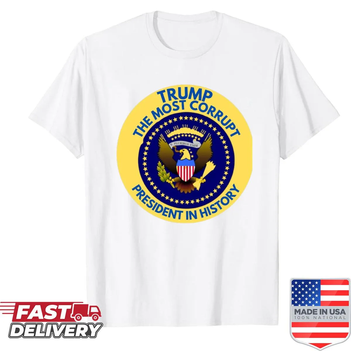 Political t-shirt with bold text about corruption