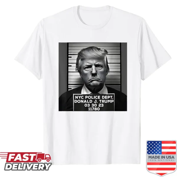Funny Trump mugshot illustration with 2024 text on a t-shirt