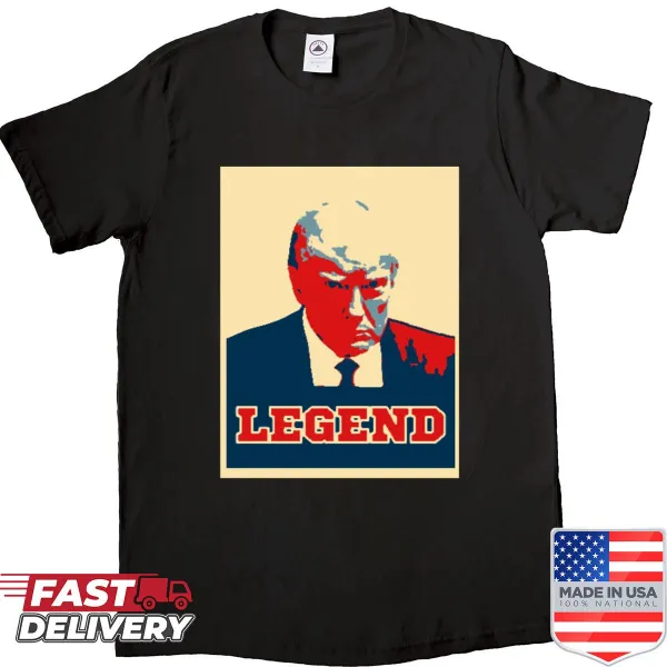 Oversized shirt featuring 'Trump Mugshot Legend' for political satire lovers.